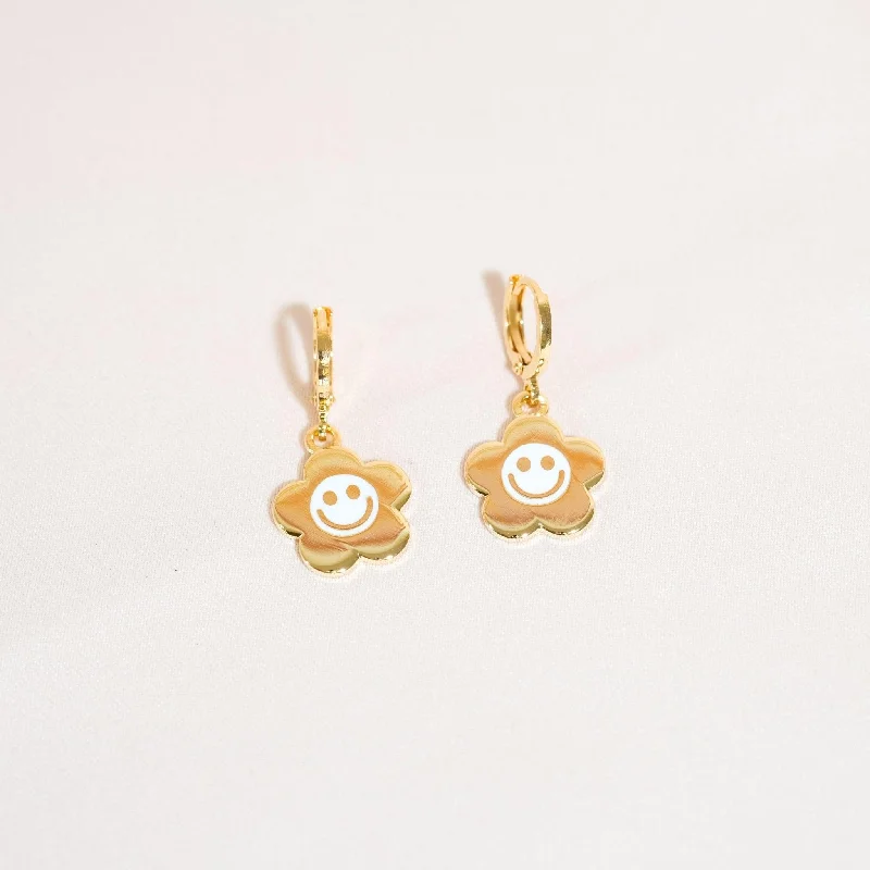 Tri-metal earrings-Smiley Daisy Huggie Hoop Earrings