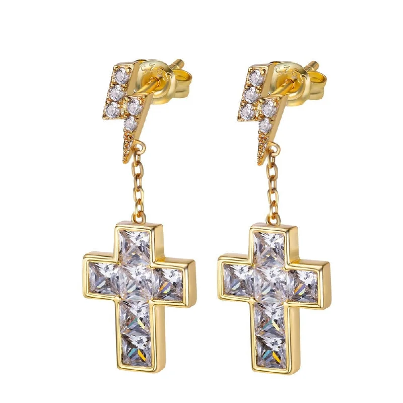 Vibrant enamel earrings-The Freshness® - 925 Sterling Silver Diamond Flash Lightning Stud Earrings with Diamond Cross in 14K Gold