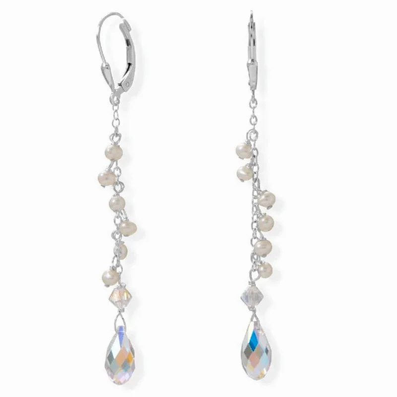 Stained clay earrings-Sterling Silver Cultured Freshwater Pearl and Crystal Dangle Earrings