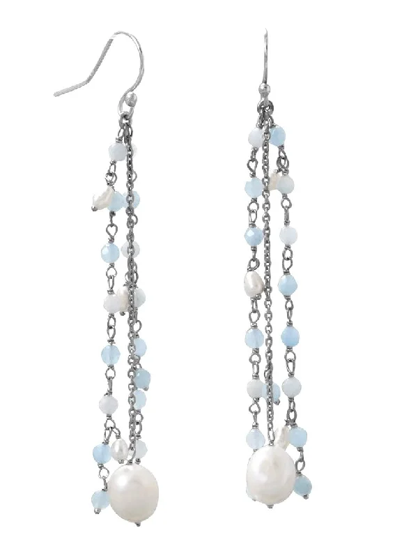 Spiral wire earrings-Aquamarine and Cultured Freshwater Pearl Drop Earrings with Triple Chain