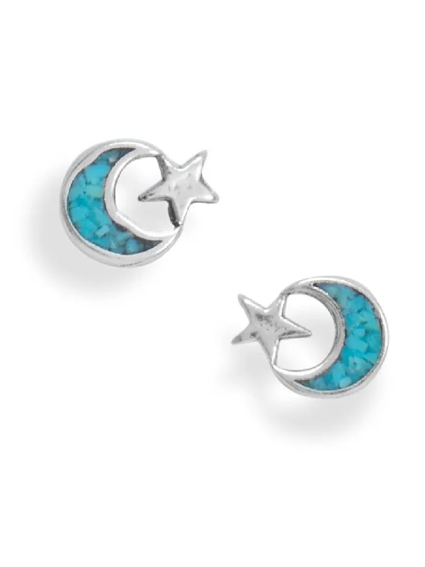 Trapezoid dangle earrings-Moon and Star Stud Earrings with Turquoise Chips Sterling Silver