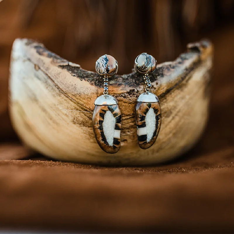 Bowed loop earrings-Starburst Fossilized Walrus Ivory Earrings with Black Diamonds