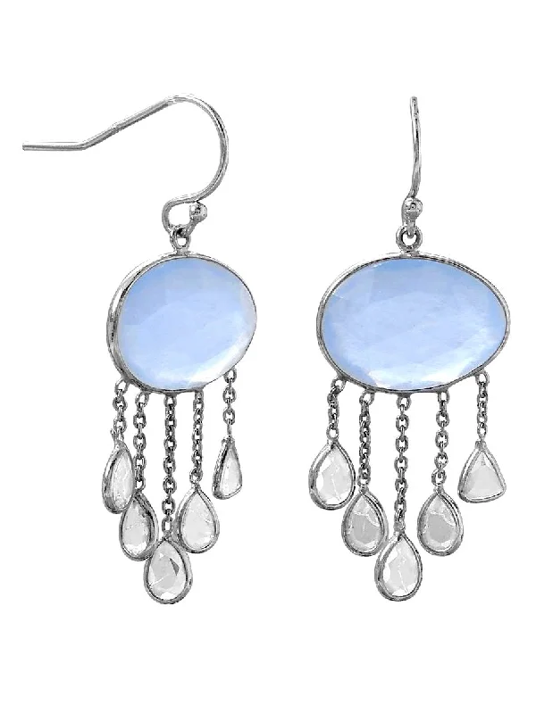 Shimmering druzy earrings-Blue Chalcedony and White Topaz Dangle Earrings Rhodium on Sterling Silver