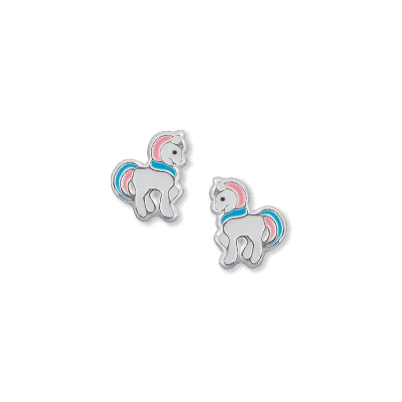 Tri-metal earrings-Unicorn Stud Earrings Pink and Blue Enamel Sterling Silver