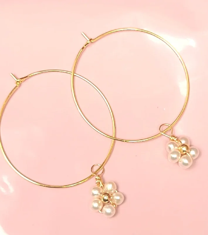 Prism crystal earrings-Pearl Flower Endless Hoop Earrings