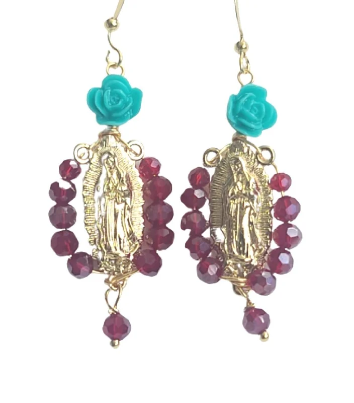 Etched art earrings-Virgen de Guadalupe Rosary Earrings