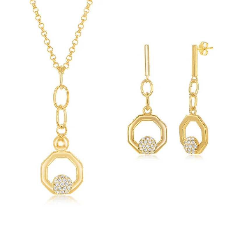 Georgian style earrings-Sterling Silver Round Micro Pave CZ Open Hexagon Pendant & Earrings Set With Chain - Gold Plated