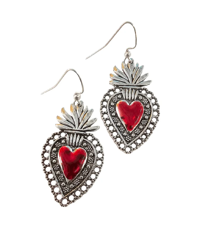 Brushed silver earrings-Sacred Heart Enamel Earrings