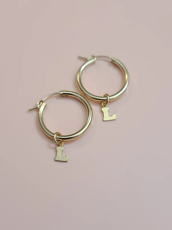 Spinel stud earrings-Initial 14kt Gold Fill Hoop Earrings