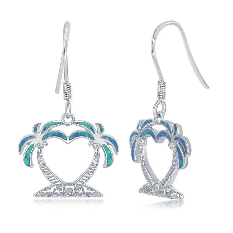 Curved art earrings-Sterling Silver Two Palm Trees Heart Earrings