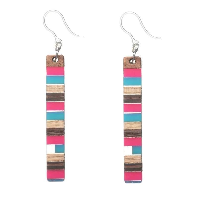 Driftwood earrings-Color Pop Wooden Celluloid Bar Dangles Hypoallergenic Earrings for Sensitive Ears Made with Plastic Posts