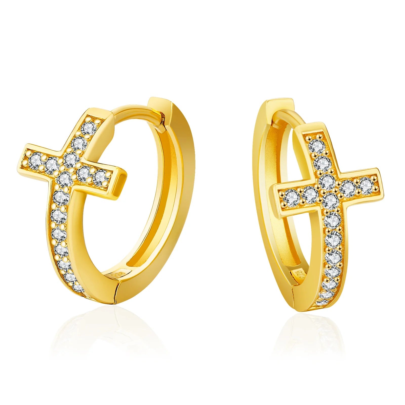 Smooth wood earrings-S925 Silver Iced Diamond Cross Hoop Earrings in 14K Gold - 15mm