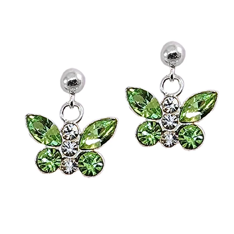 Burnished gold earrings-Green Butterfly Earrings with Highest Quality Crystals Sterling Silver Ball Post Backs