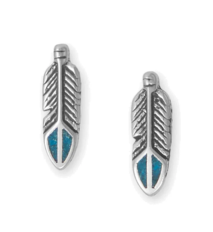 Bowed loop earrings-Feather Stud Earrings with Turquoise Inlay Sterling Silver - Made in the USA