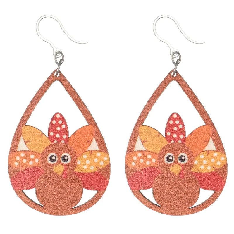 Sturdy hoop earrings-Wooden Turkey Dangles Hypoallergenic Earrings for Sensitive Ears Made with Plastic Posts