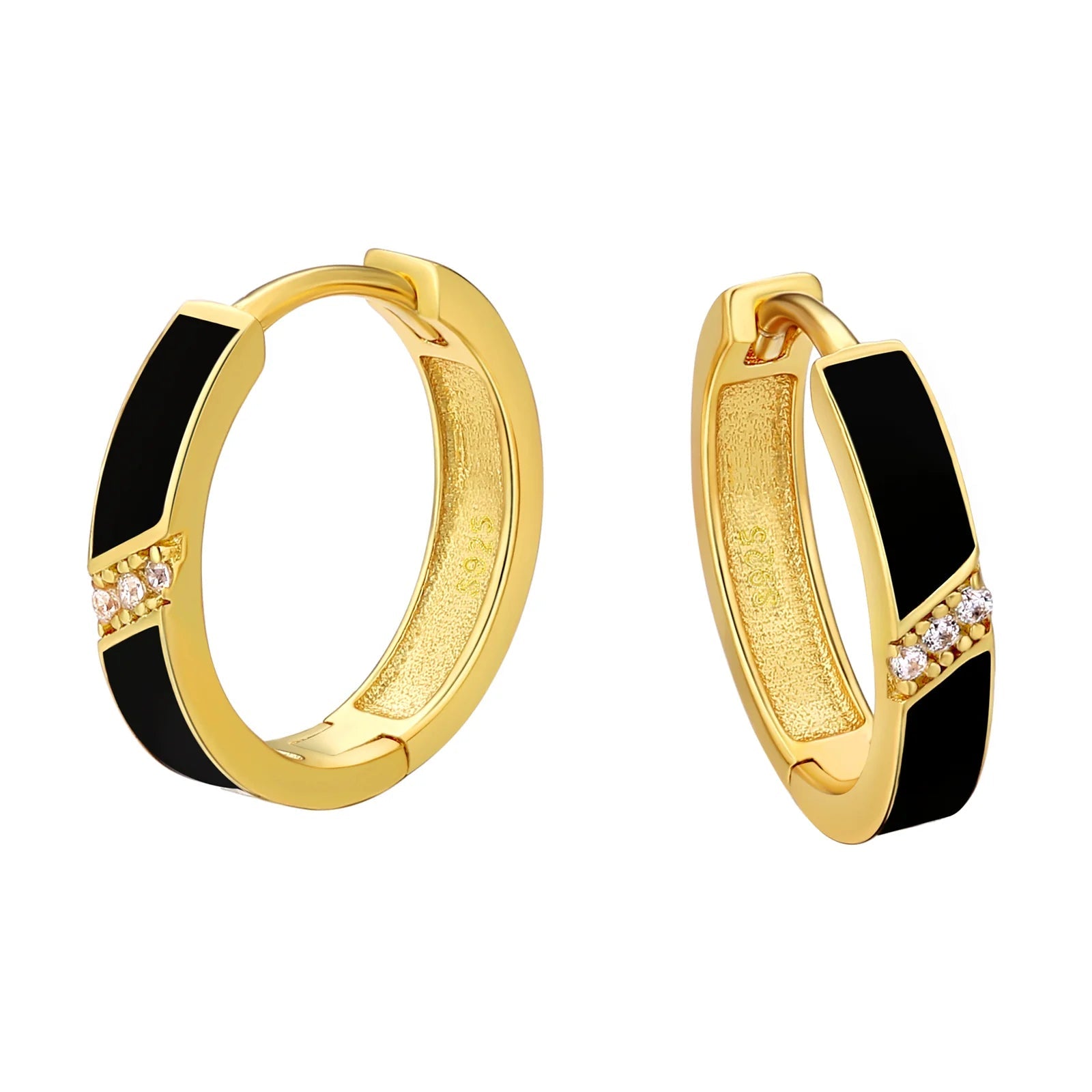 Warding eye earrings-925 Sterling Silver Diamond Black Round Hoop Earrings in 14K Gold