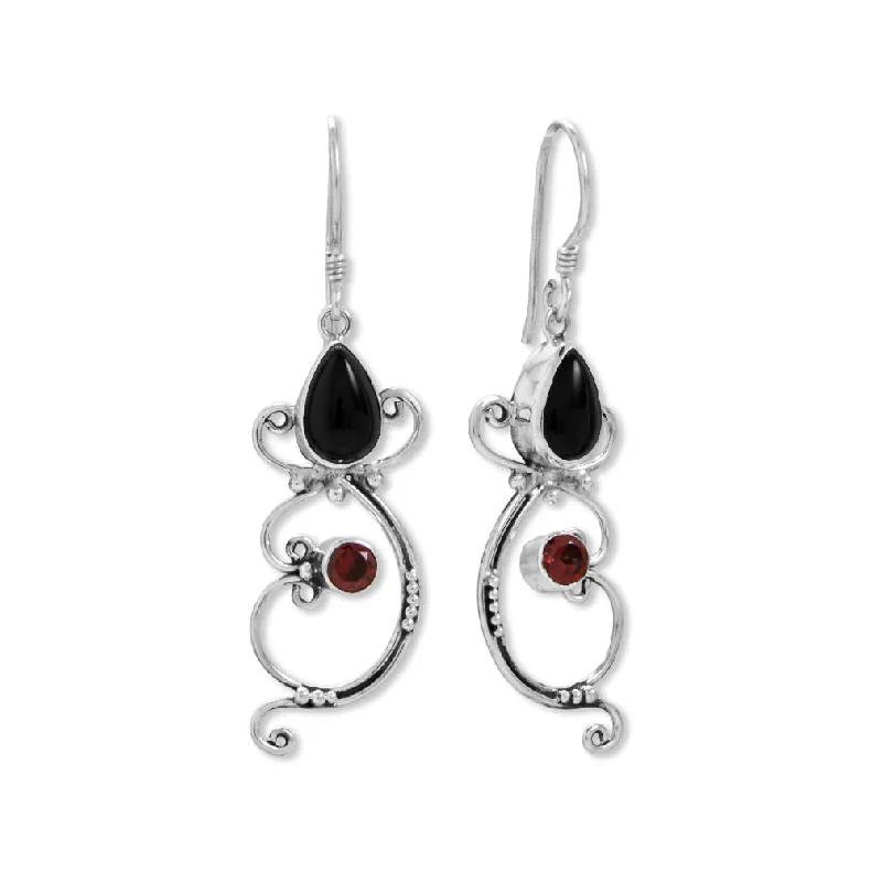 Micro heart earrings-Black Onyx and Garnet Handmade Bali Dangle Earrings Sterling Silver