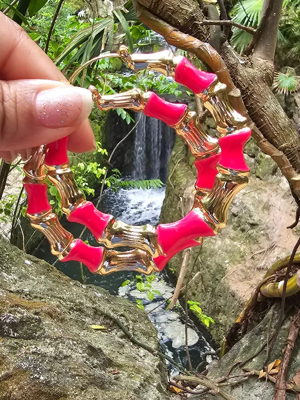 Lustrous pearl earrings-Hot Pink Enamel Bamboo Hoop Earrings