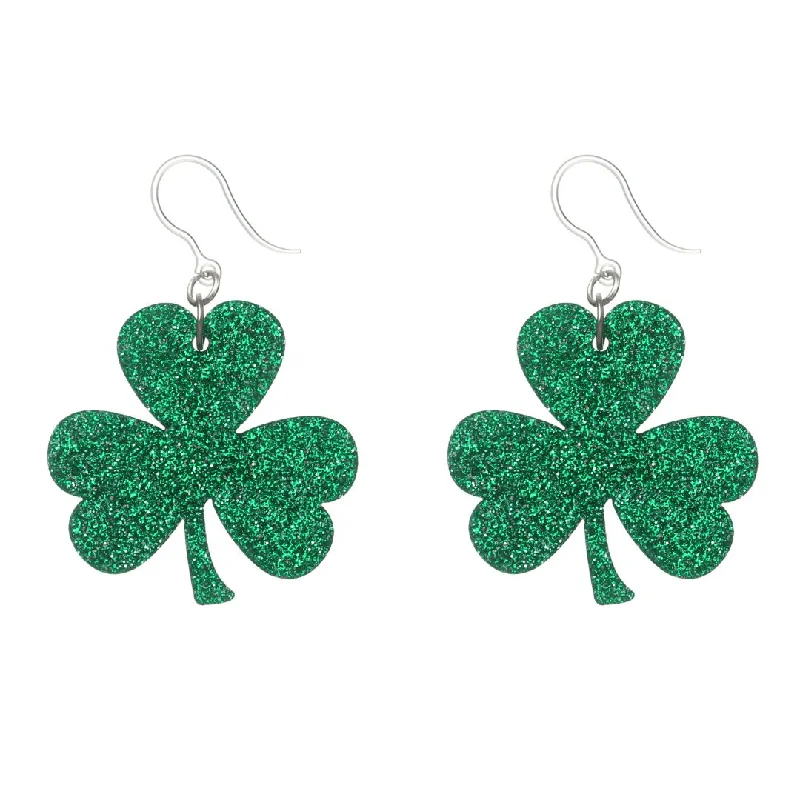 Georgian style earrings-Exaggerated Glittery Shamrock Dangles Hypoallergenic Earrings for Sensitive Ears Made with Plastic Posts