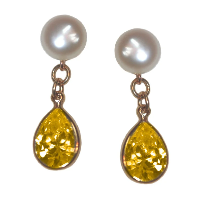 Vine pattern earrings-A+ Grade Cultured Freshwater Pearl Earrings November Cubic Zirconia 14K Gold-Fill