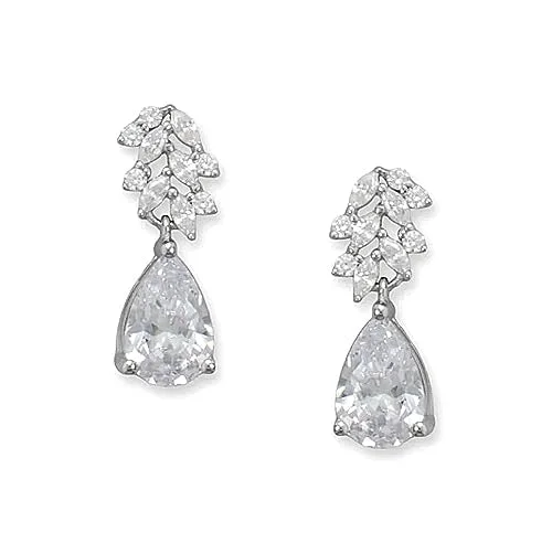 Square stud earrings-Sparkling Cluster Drop Earrings Pear Cubic Zirconia Rhodium on Silver