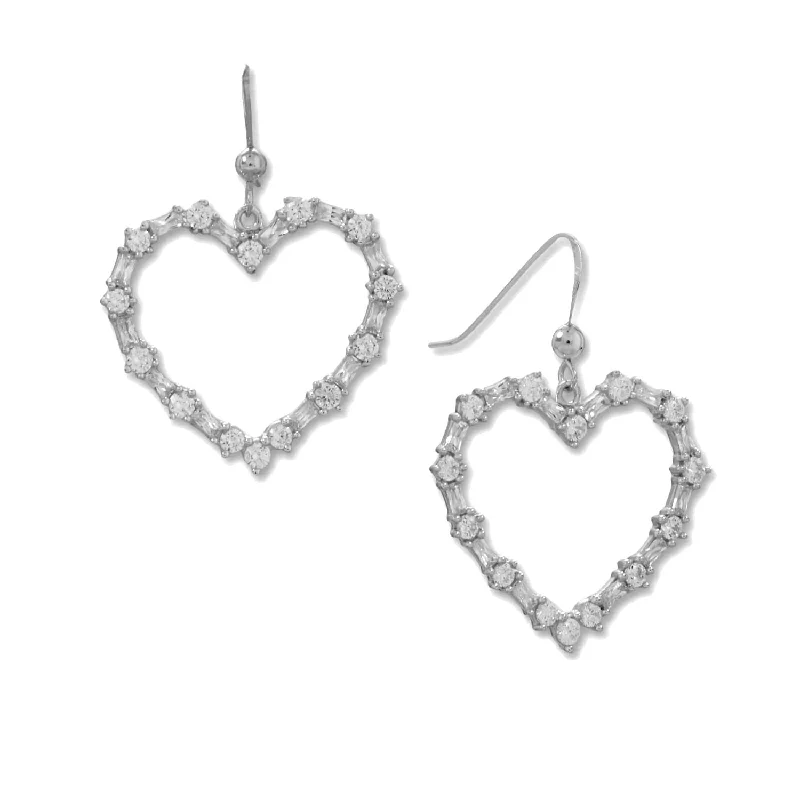 Wave design earrings-Dangle Heart Earrings with Round and Baguette Cubic Zirconia Rhodium on Silver - Nontarnish