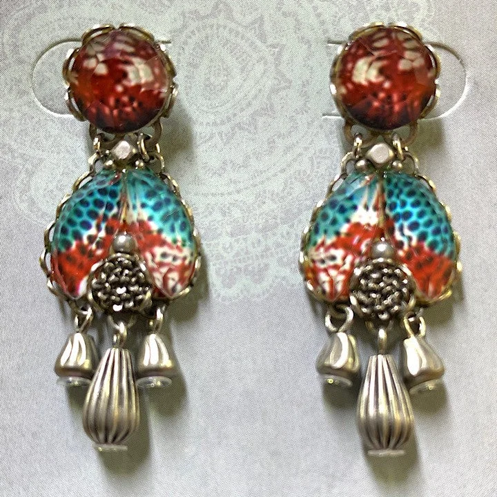 Ribbon tassel earrings-AYALABAR EARRINGS AQUA AND RED TONES