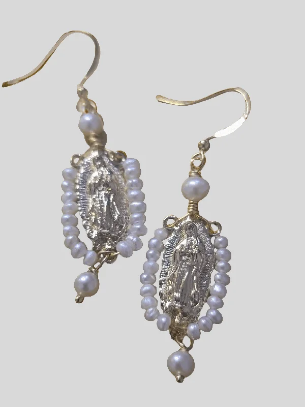 Stone cluster earrings-Virgen de Guadalupe Rosary Seed Pearl Earrings