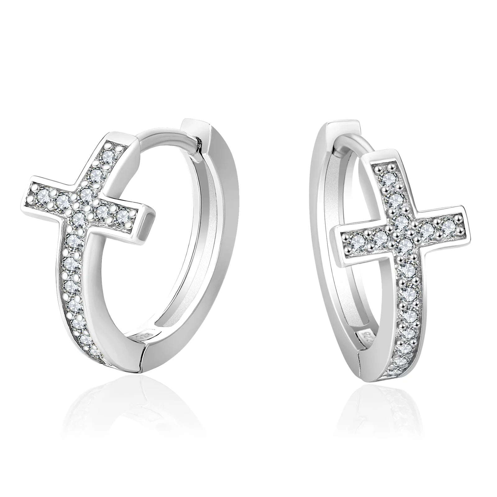 Georgian style earrings-S925 Silver Iced Diamond Cross Hoop Earrings in White Gold - 15mm