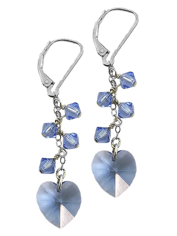 Tiered drop earrings-Sparkling Crystal Heart Cluster Dangle Earrings Sterling Silver - Light Blue