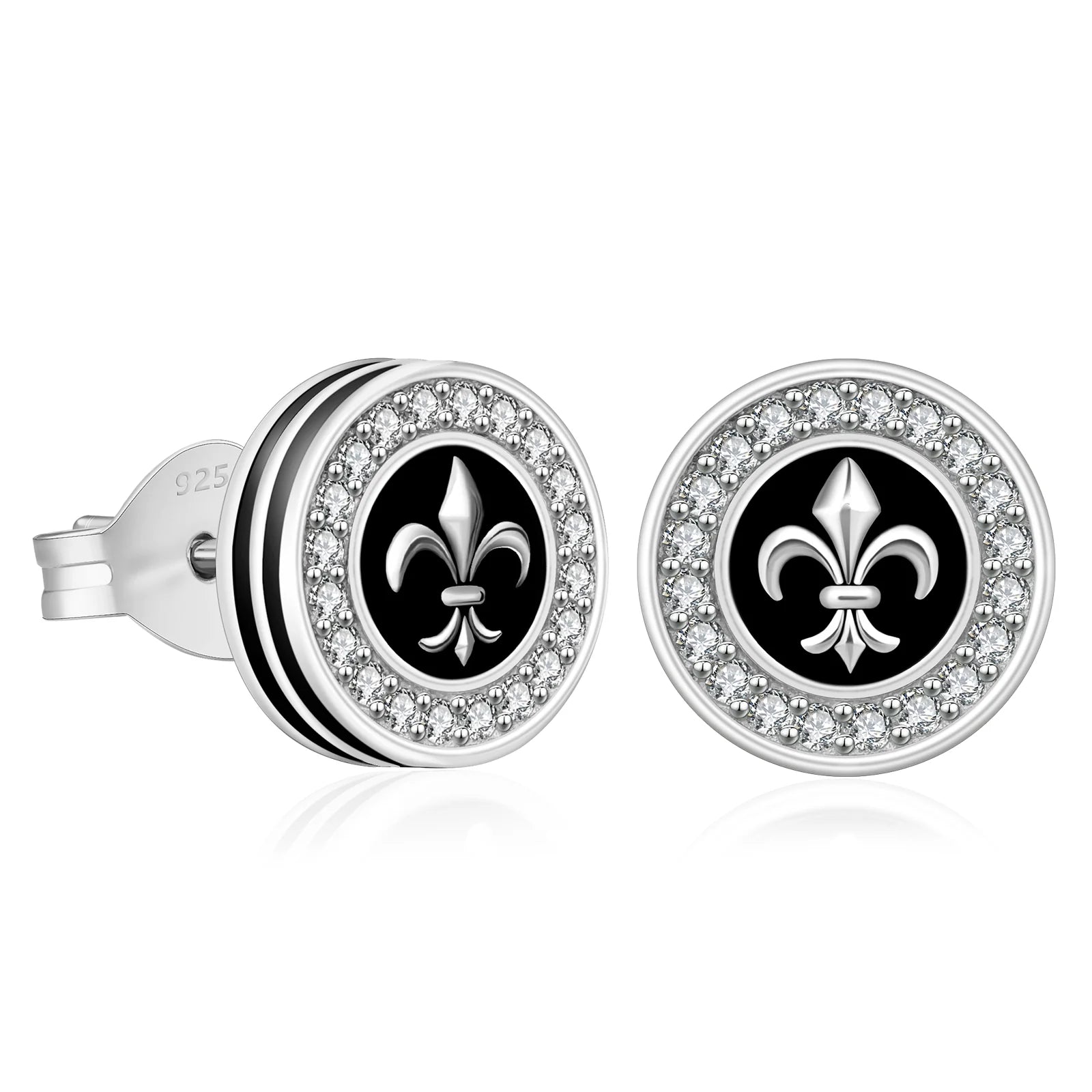 Stained clay earrings-9mm Black Iced Diamond Stud Earrings - Fleur-de-lis Lily flower