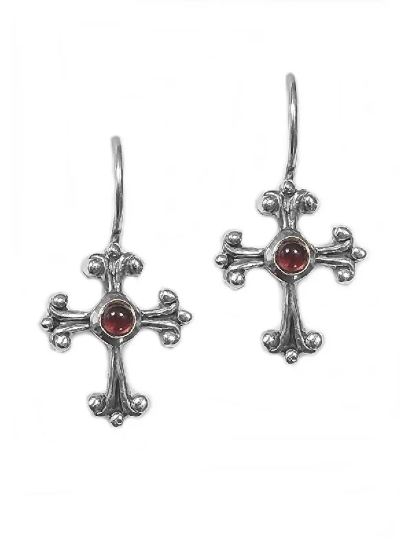 Cascading drop earrings-Fleuree Cross Earrings with Center Garnet - Sterling Silver