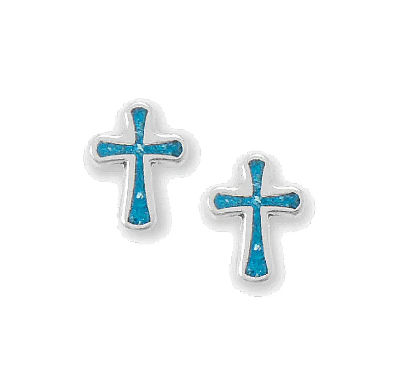 Angled drop earrings-Turquoise Chip Inlay Cross Stud Earrings Sterling Silver