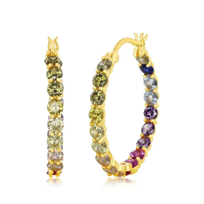 Broad hoop earrings-Sterling Silver 3x25mm Inside-Outside Rainbow CZ Hoop Earrings - Gold Plated