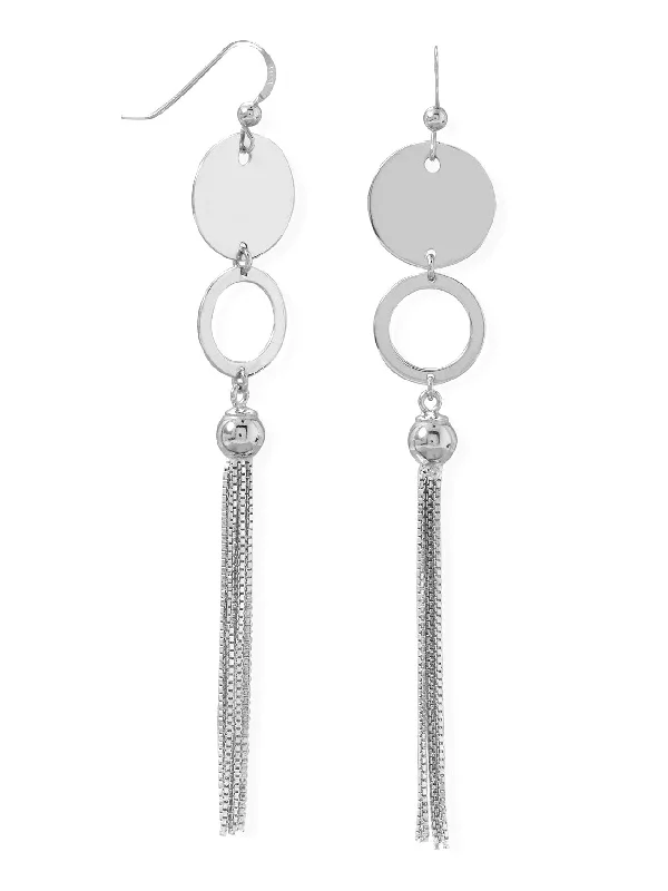 Soft shape earrings-Tassel Earrings with Disk Circle and Bead Rhodium-plated Sterling Silver