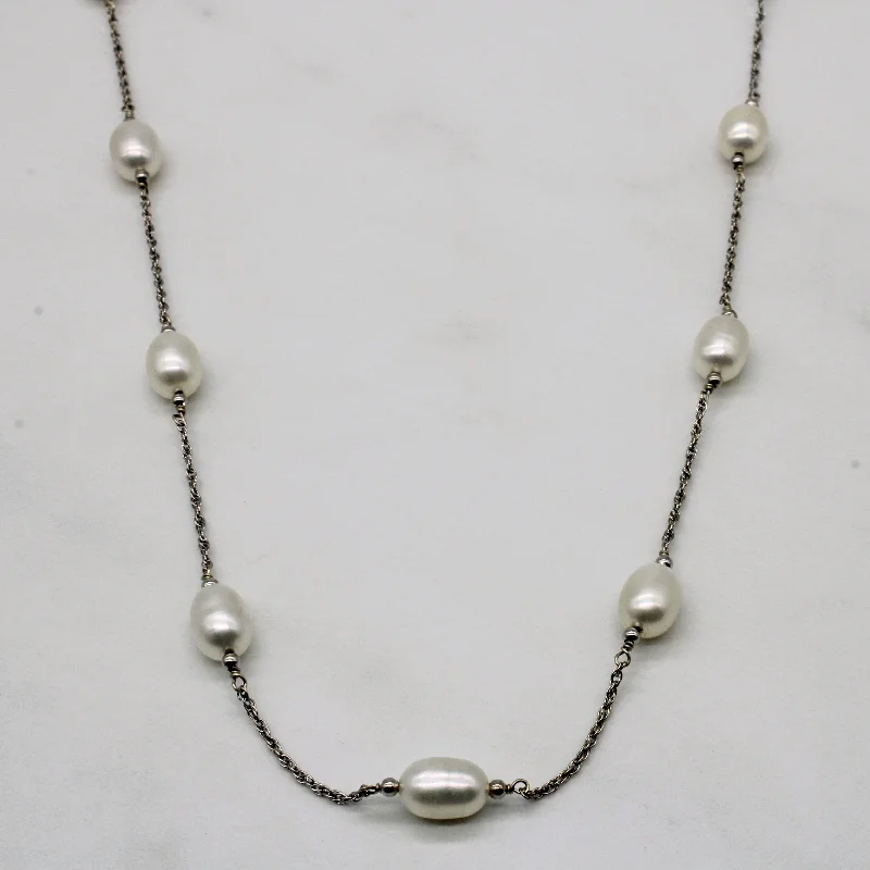 Subtle gem necklaces-Oval Pearl Station Necklace | 18" |