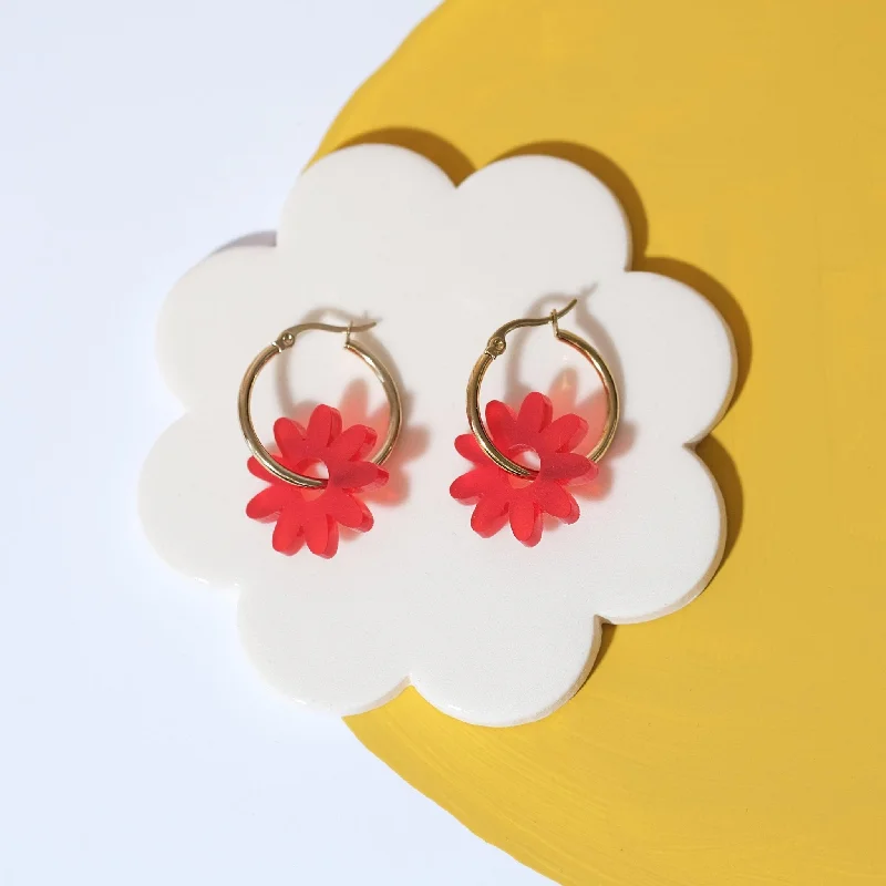 Vine hoop earrings-Marguerite Daisy Hoop Earrings in Frosted Red