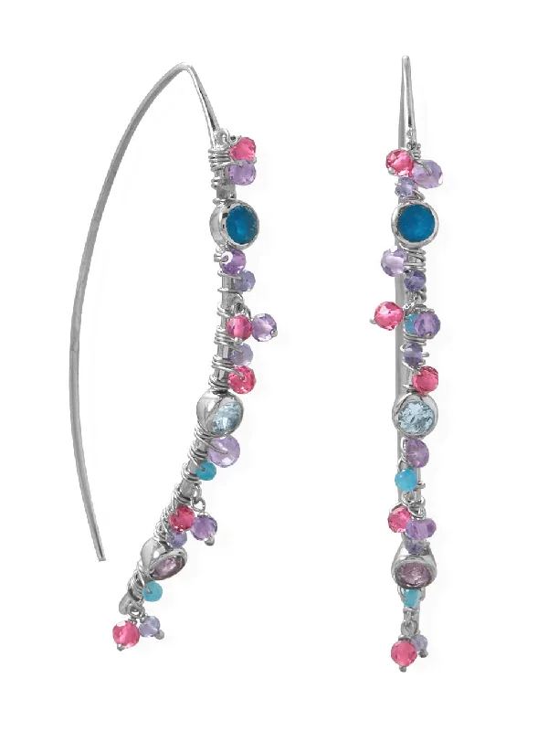 Carved texture earrings-Marquis Wire Beaded Earrings Rhodium on Sterling Silver with Multicolor Stones