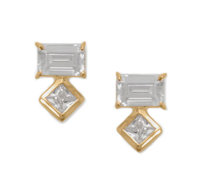 Satin weave earrings-14k Gold-plated Silver Baguette and Square Cubic Zirconia Stud Earrings