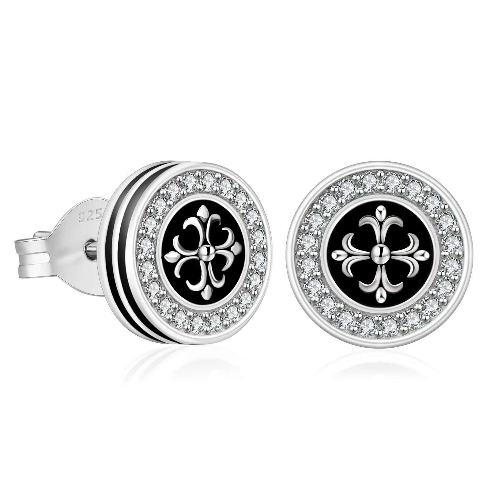 Vine hoop earrings-9mm Black Iced Diamond Stud Earrings - Cross Fleur-de-lis Lily flower