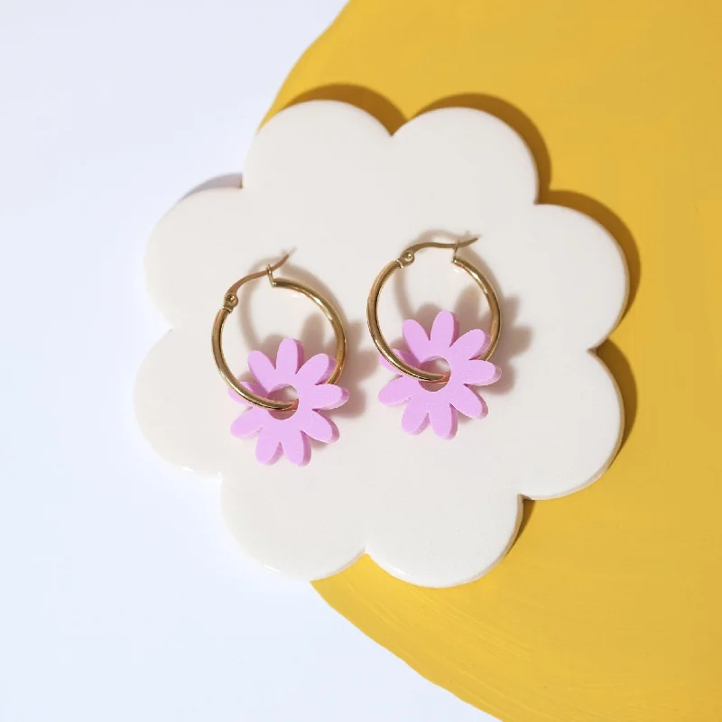 Fine pearl earrings-Marguerite Daisy Hoop Earrings in Lilac