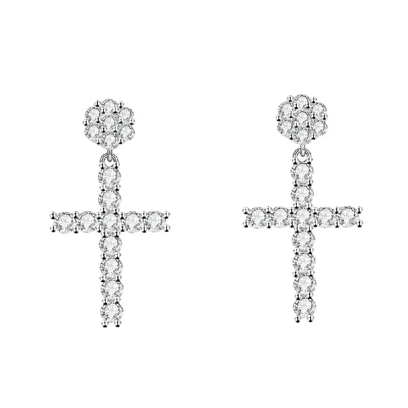 Embroidered earrings-S925 Moissanite Flower Cluster Cross Stud Earrings - VVS1