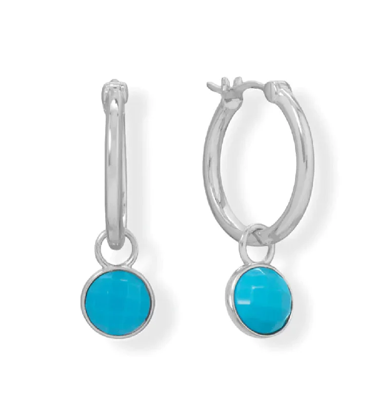 Airy hoop earrings-Reconstituted Turquoise Dangle Hoop Earrings Rhodium on Sterling Silver