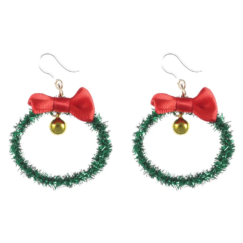 Woven bead earrings-Christmas Wreath Bell Dangles Hypoallergenic Earrings for Sensitive Ears Made with Plastic Posts