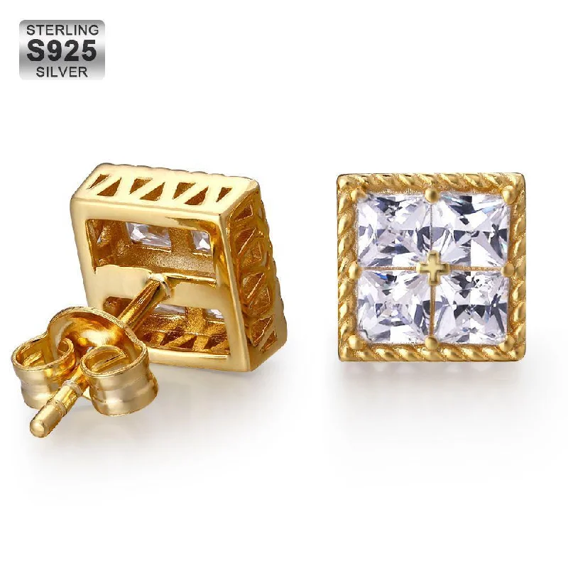 Micro heart earrings-Princess Cut Diamond CZ Square Stud Mens Earrings