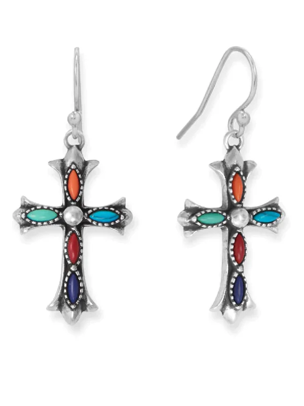 Solar phase earrings-Multicolor Stone Cross Earrings Sterling Silver with Lapis, and Reconstituted Turquoise, and Coral