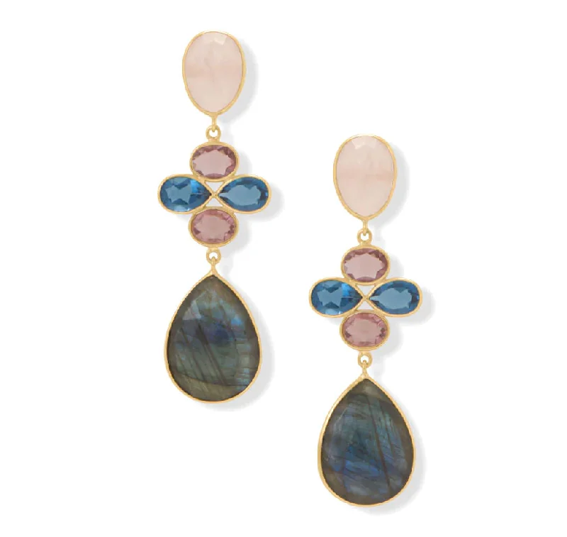 Bee wing earrings-Multistone Earrings with Labradorite, Rose Quartz 14k Gold-plate Sterling Silver