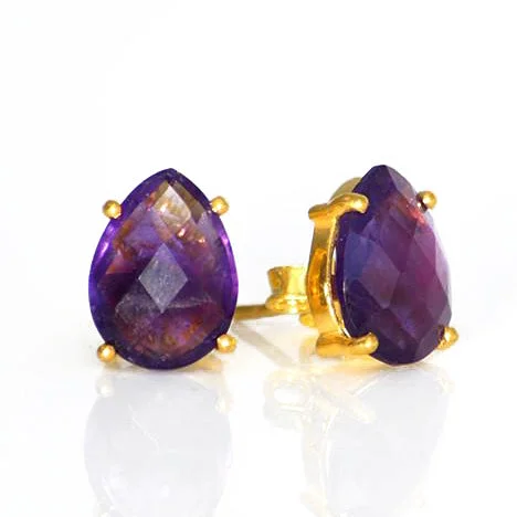 Spinel stud earrings-Purple Amethyst Teardrop Prong Set Stud Earrings : February Birthstone