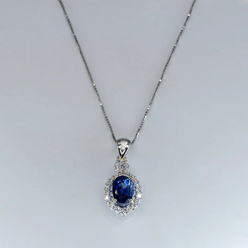 Tie-back necklaces-Sapphire & Diamond Halo Necklace | 1.45ct, 0.26ctw | 18" |