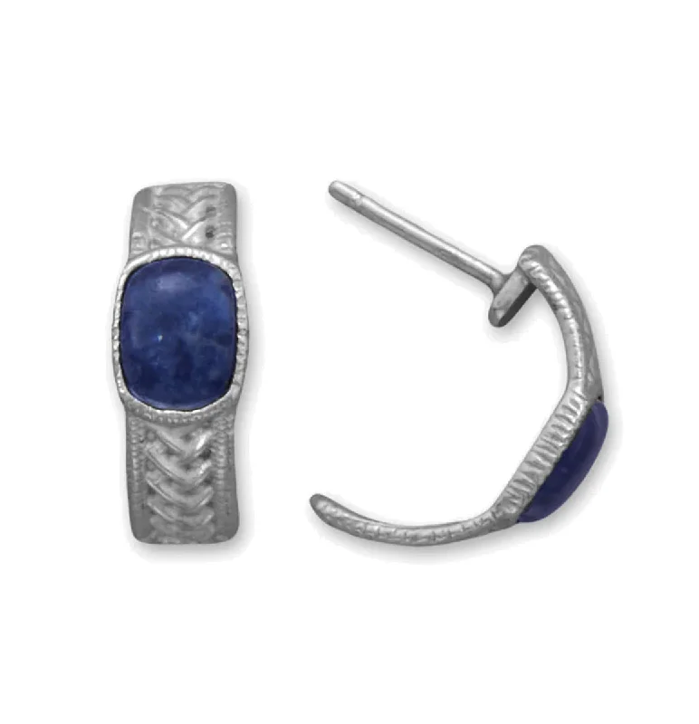 Offbeat pair earrings-Dark Blue Sodalite Earrings with Basketweave Design Rhodium on Silver